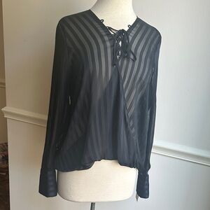 Trouve Blouse Womens Navy Blue Sheer Striped Faux Wrap Top Button Cuffs Med NWT